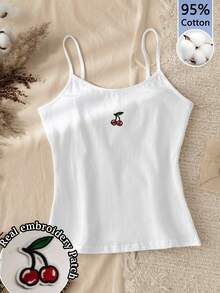 Tseoso 95Cotton 女款修身刺繡櫻桃圖案細肩帶背心上衣，紅白配色，夏季休閒可愛度假風，復古 Y2K 學院教師風 - 白色 - 查看 6