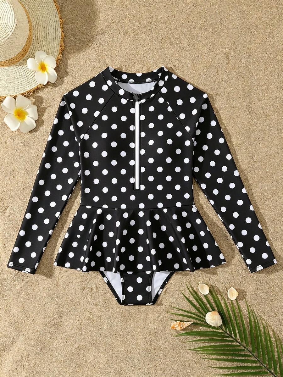 Brown Polka Dot Tween Girl One-Piece Swimsuit,Long Raglan Sleeves High Neck Half-Zip Ruffled Hem,Cute Princess Style,Summer Beach Vacation Holiday - Multicolor - View 1