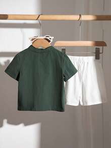 SHEIN 2件套幼儿男童时尚可爱粉色短袖polo衫和白色短裤，配腰带，春夏男婴服装套装 - 彩色 - 查看 2