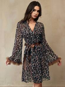 HautHeat 3pcs Women's Sleepwear Set: Leopard Print Camisole With Chain Decor, Shorts, And Long Sleeve Robe - Multicolor - View 4