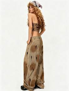 HueRush Women's Floral Print Asymmetric Hem Halter Neck Camisole Music Festival Brown Checkered Summer Grunge - Khaki - View 2