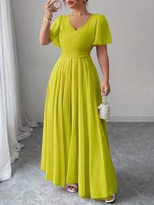 Elenzga Plus Size Women's Spring/Autumn V-Neck A-Line Chiffon Ruffle Sleeve Elegant Romantic Maxi Dress, Suitable For Party, Wedding Guest - Mustard Yellow - View 6