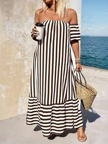 Breezaya Plus Size Casual Striped Off-Shoulder Dress - Brown - View 4