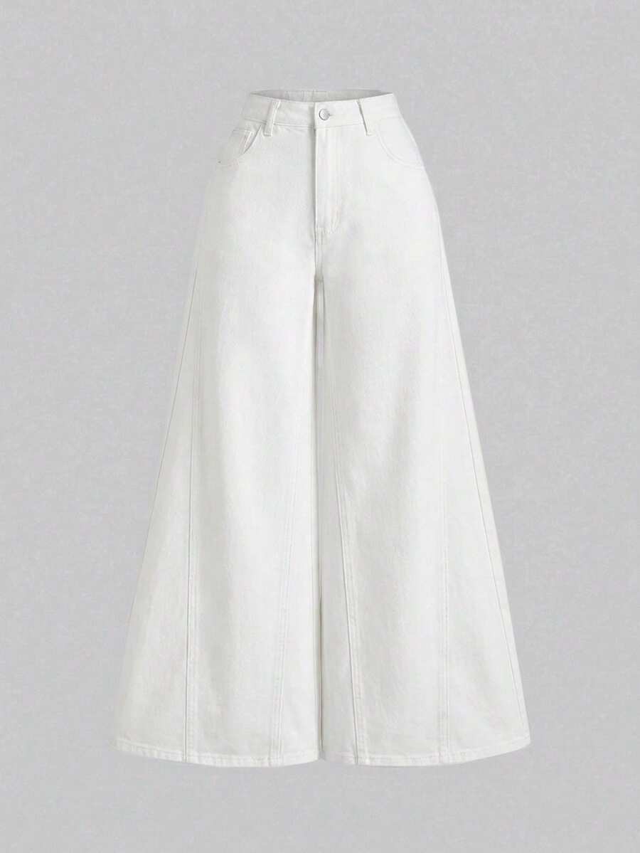SHEIN MOD Plus Size Women Loose Fit Pockets Wide Leg Casual Jeans - White - View 1