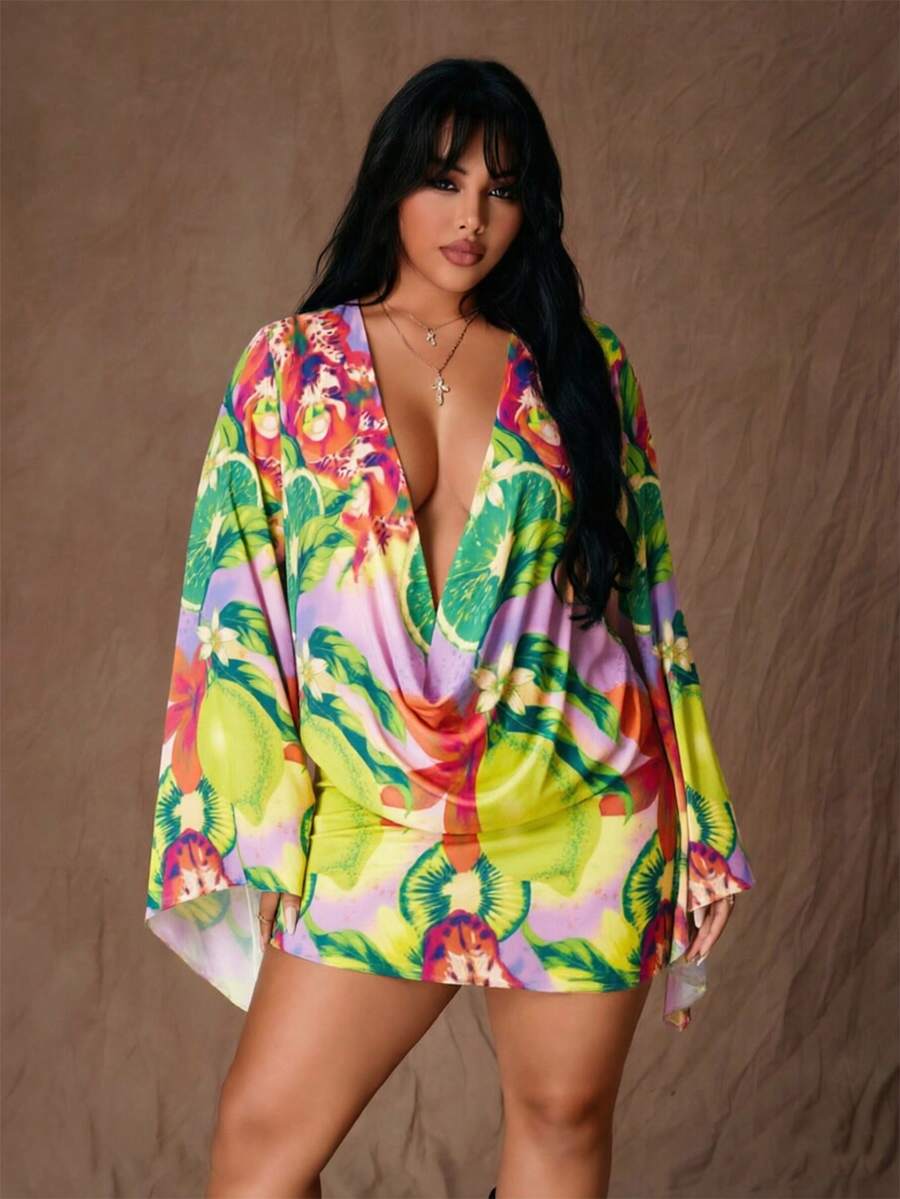 Rustia Deep Draped Neck Sheer Leopard Print Bodycon Dress With Puff Sleeves, Sexy Party Wear For Women, Early Autumn - Multicolor - View 1