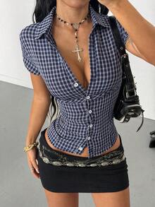 StreetHx Women's Vintage Checkered Collared V-Neck Ruched Shirt, Minimalist Style, Spring/Summer - Navy Blue - View 5