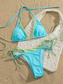 Swim Mod 2026 Spring/Summer New Fashion Blue Solid Color Casual Sequin Tropical Backless Halter Bikini 2-Piece Swimwear Set Beach Vacation - Mint Blue - View 4