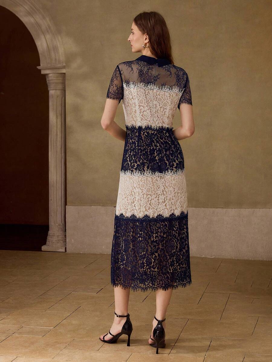 MOTF PREMIUM SUMMER FASHIONABLE ELEGANT SLIM FIT BLACK & WHITE CONTRAST LACE COLLAR TIE WAIST WOMEN DRESS - Royal Blue - View 2