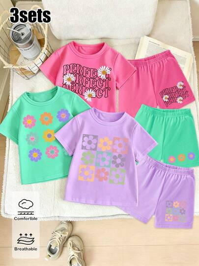 6pcs/Set Tween Girls' Casual Chic Creative Refreshing Minimalist Cartoon Floral Daisy Letter Graphic Print T-Shirt And Shorts Summer Outfits, Light Green, Magenta, Purple, Comfortable Daily Wear, Cozy Summer Styles Suitable For Spring/Summer
