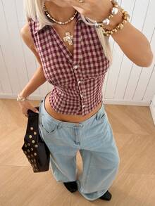 SHEIN EZwear Áo không tay kẻ caro đỏ kiểu vintage dành cho nữ, thích hợp cho mùa hè. - Đỏ - Xem 4