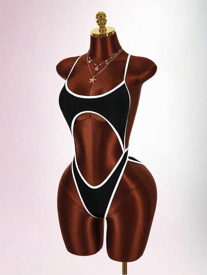 Amplova Women's Backless Contrast Trim One-Piece Swimsuit, Suitable For Vacation, Valentine's Day Outfit, Sexy