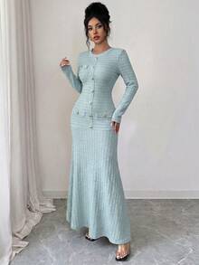 Modelyn 优雅长款酒红色椭圆领连衣裙，适合女士冬季外出穿着 - 藍色 - 查看 6