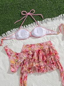Zestiva Summer Beach Vacation Women's Pink And Orange Tropical Ditsy Floral Braided Bandeau Top And Layered Ruffle Hem Skirt Bikini Set - Multicolor - View 6