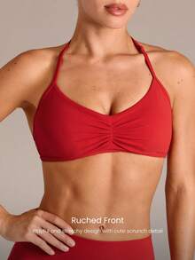 GLOWMODE FeatherFit™ Adjustable Halter Neck Backless Ruched Front Sports Bra With Removable Anti-Slip Cups Yoga Studio Pilates Daily Wear - Red - View 3