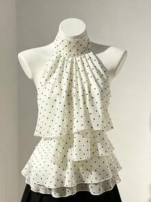 INAWLY Retro Polka Dot Chiffon Halter Blouse For Women - Beige - View 3