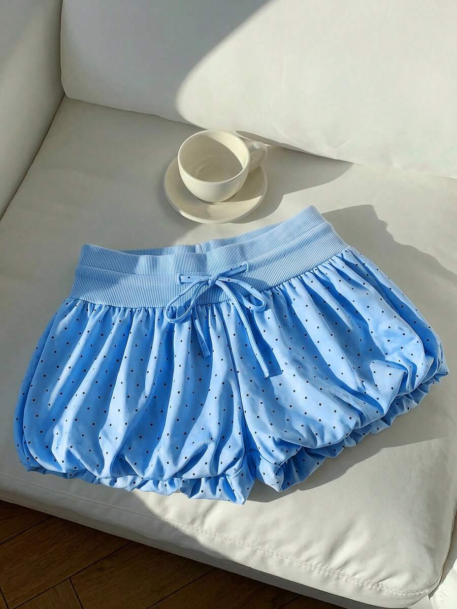 Comfortcana 女士休闲波点印花高腰抽绳短裤，夏季百搭 - 藍色 - 查看 1