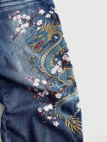 ROMWE MEN Celana Jeans Bordir Gaya Jalanan Pria - Biru - View 4