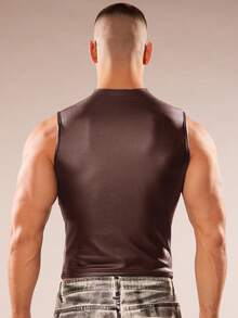 FeverCity Men's Solid Color Pleated Slim Fit Tank Top - Brown - View 2