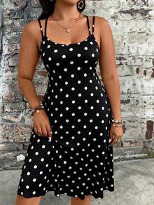 EMERY ROSE Plus Size Colorblock Polka Dot Print Camisole Dress - Grey - View 3