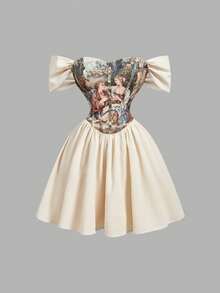 SHEIN MOD Women's Vacation Fashion Figure Print Strapless Dress - Khaki - View 2