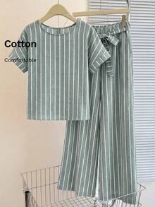 EMERY ROSE Women's Vacation Casual Striped Top & Tie-Waist Pants 2 Pieces Set,Summer Outfits For Women - Green - View 3