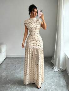 maxi elegante con estampado de lunares, cuello alto, sin mangas,, con recortes de malla, parches y pliegues en A-line, adecuado para de graduación, vacaciones, c - Rojo - Ver 9