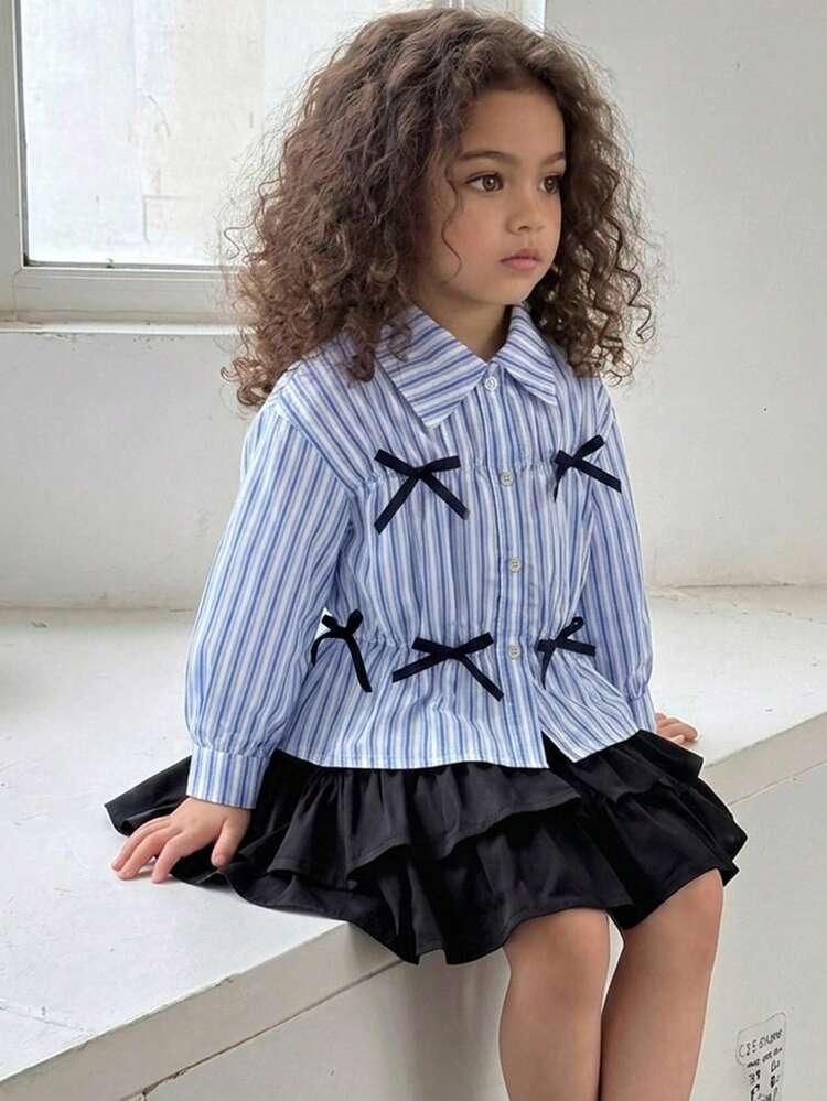 Girls Bow Decor Collar Shirt + Cute Mini Skirt 2pcs Outfit (Small)