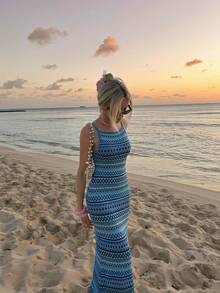 SHEIN MOD Women's Sleeveless Dress With Geometric Color Block Pattern, Summer - Mint Blue - View 2