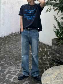 DAZY Camiseta de tela negra con estampado de letras azules de unicolor para hombres, camiseta gráfica de verano - Azul - Ver 4