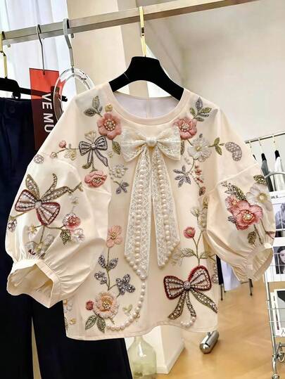 SHEIN Franclia Áo sơ mi nữ màu mơ in kỹ thuật số, cổ tròn, dáng rộng, vai rớt, tay lỡ 3/4, thích hợp mặc đi làm, mặc hàng ngày vào mùa xuân và hè, dự tiệc thanh lịch, ngày Valentine, áo kiểu thường ngày, áo màu mơ, trang phục nghỉ dưỡng cho nữ, trang phục đi biển cho nữ, trang phục nghỉ hè, trang phục đi làm cho nữ, áo mùa hè, trang phục mùa xuân cho nữ, áo khoác ngoài mùa hè, áo sơ mi thanh lịch cho nữ, áo sơ mi công sở cho nữ, trang phục văn phòng cho nữ, áo công sở/xã hội