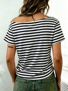 Rovax Women's Casual Striped Asymmetric Neck Short Sleeve Top, Versatile For Daily Wear - Black - View 2