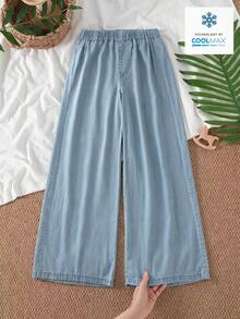 SHEIN 女童寬鬆百搭牛仔褲 新品休閒學院風 淺藍色彈性腰寬腿褲 柔軟涼爽天絲面料 親膚舒適 日常穿搭 可搭配T恤連帽衫 適合學校日常出行 春夏季 - 淺色水洗藍 - 查看 2