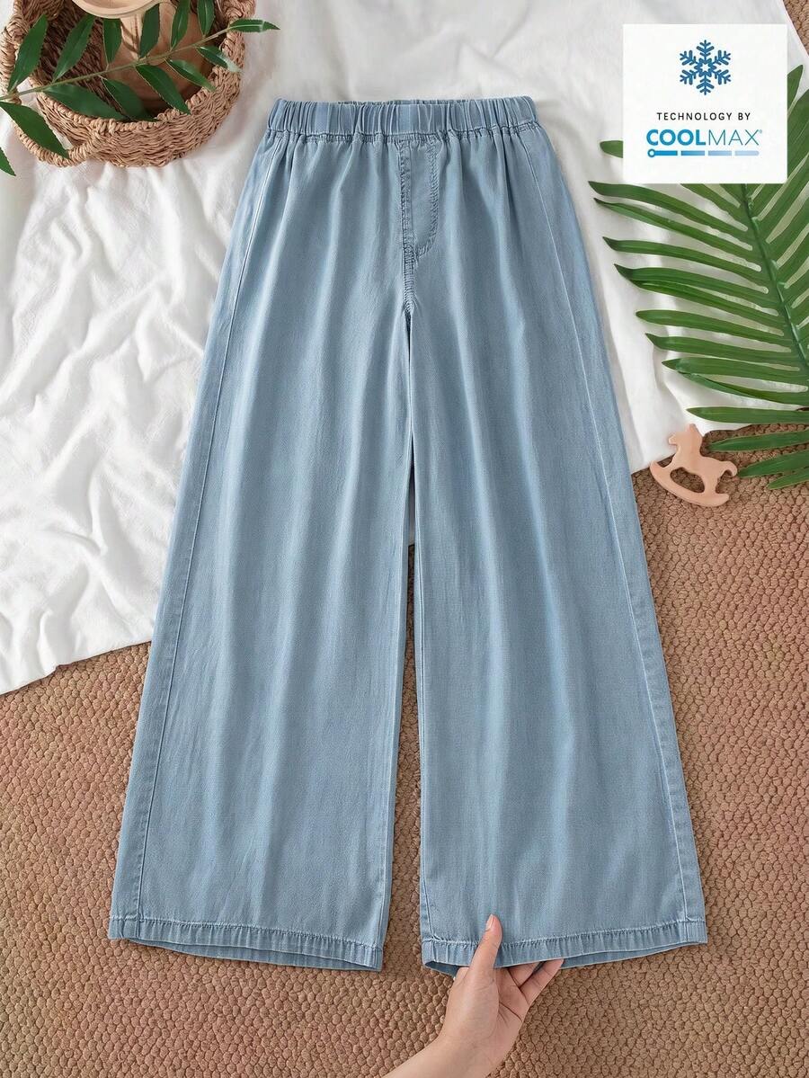 SHEIN 女童寬鬆百搭牛仔褲 新品休閒學院風 淺藍色彈性腰寬腿褲 柔軟涼爽天絲面料 親膚舒適 日常穿搭 可搭配T恤連帽衫 適合學校日常出行 春夏季