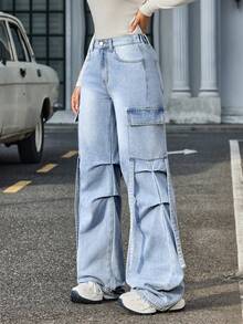SHEIN Tall 女款純色休閒 Y2K 寬鬆寬腿工裝牛仔褲 日常旅行淺藍色夏季 - 淺色水洗藍 - 查看 4