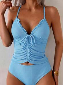 SHEIN Swim Bộ đồ bơi tankini nữ trơn, cổ chữ V sâu, không tay, có dây rút, gồm áo tank top và quần bơi, thích hợp cho du lịch, kỳ nghỉ, hồ bơi, bãi biển mùa hè. - Màu xanh lam - Xem 1