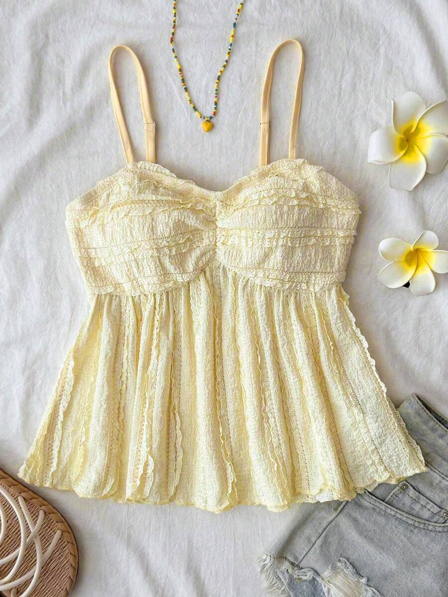 SHEIN 少女夏季休闲度假奶油黄纹理针织褶皱胸部吊带背心 - 黃色 - 查看 1