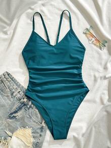 Swim Basics Women's Hollow-Out One-Piece Swimsuit With Circular Ring Detail, Suitable For Summer Beach Vacation - Blue Day - View 2