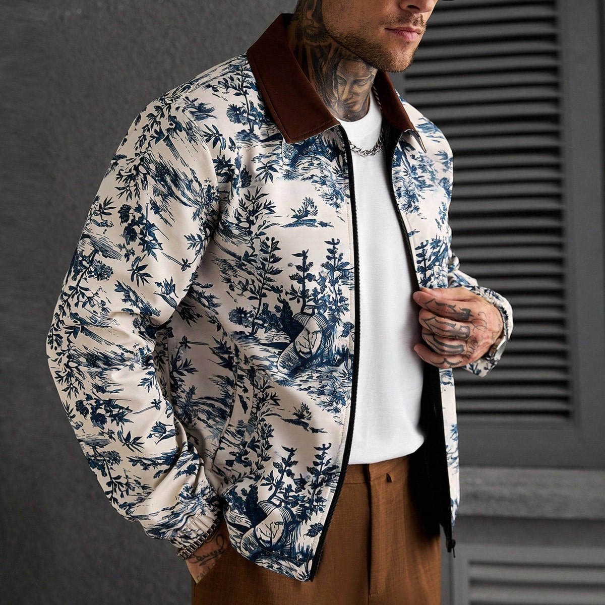 Chaqueta casual de manga larga con cremallera y estampado total en el cuello para uso diario versátil para hombres