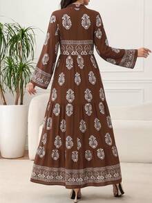 Plus Size Cream Flower Embroidered Striped Pattern Women's Dress All-Over Floral Print Striped Bohemian Embroidered Belt Ruffles - Brown - View 2