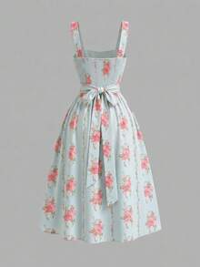 SHEIN MOD Plus Size Women's Elegant Floral Print Backless Tie-Waist Dress, Vacation Style - Baby Blue - View 3