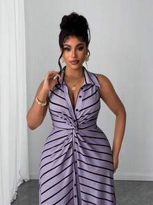 Maweii Plus Size Women Casual Striped Knit Twist Design Dress - Multicolor - View 4