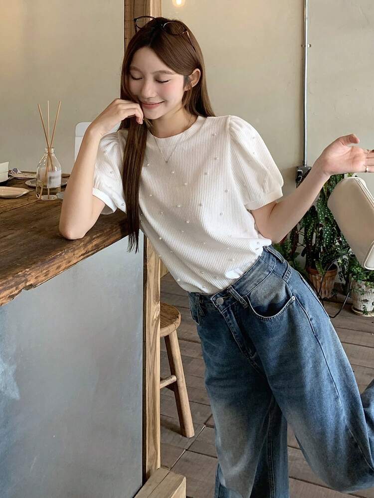 Women's Round Neck Petal Sleeve Pearl Decor Casual Elegant Pullover Short Sleeve T-Shirt