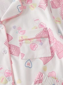 Bộ đồ ngủ tay ngắn và quần short in hình nơ và trái tim dễ thương - Nhiều màu - Xem 6