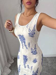 SHEIN Elenzya Exquisite Printed Chinoiserie Waist-Cinching Slit Luxurious Retro Middle Eastern UAE Style Robe, Tight Fit, Multi-Color, Sleeveless - Baby Blue - View 5