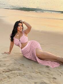 NU&NOW Plus Size Women 2-Piece Set: Adjustable Tie Cropped Top & High Slit Skirt, Textured Knit Fabric - Pink - View 3