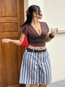 Rivivi Quần short denim dáng rộng, họa tiết sọc tương phản, thích hợp cho nữ, mùa hè, đi nghỉ mát, đi làm hàng ngày. - Nhiều màu - Xem 1