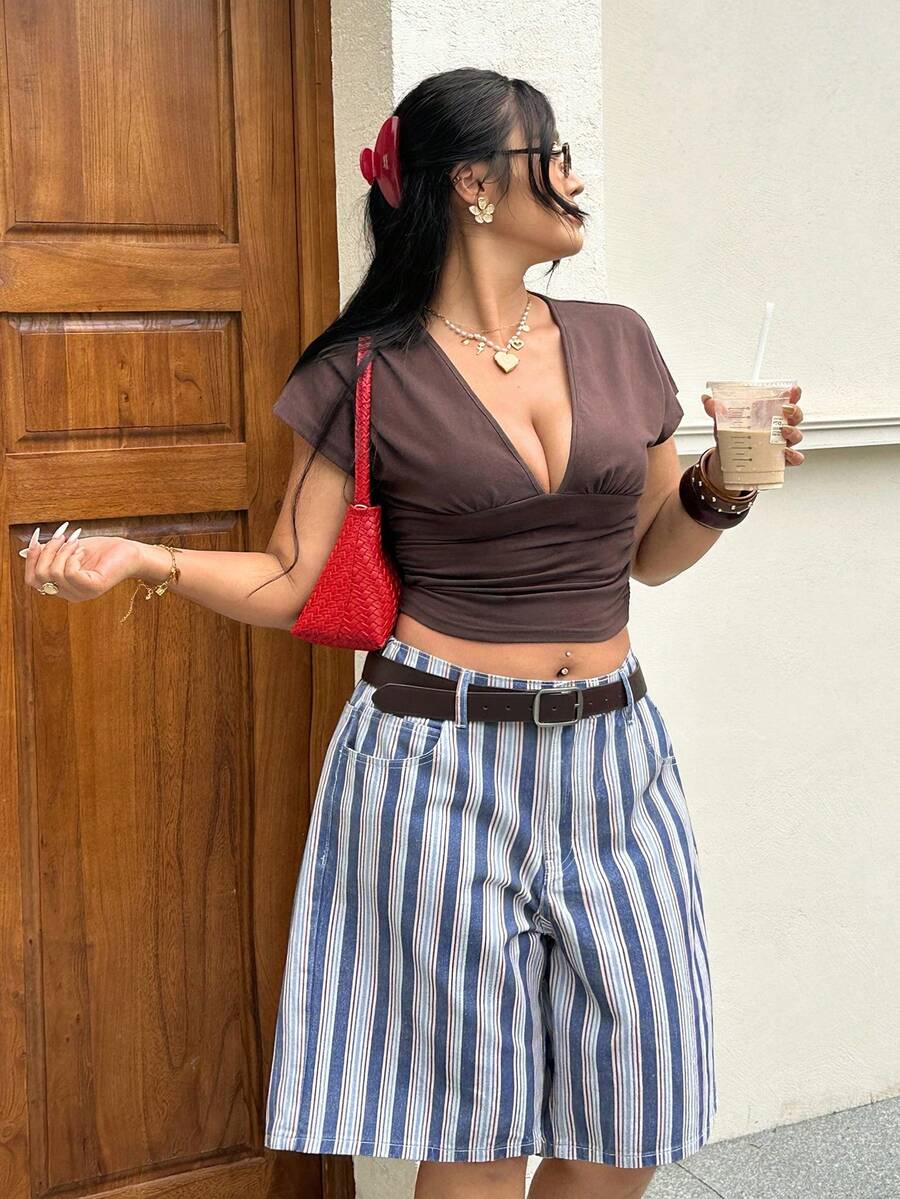 Rivivi Quần short denim dáng rộng, họa tiết sọc tương phản, thích hợp cho nữ, mùa hè, đi nghỉ mát, đi làm hàng ngày. - Nhiều màu - Xem 1