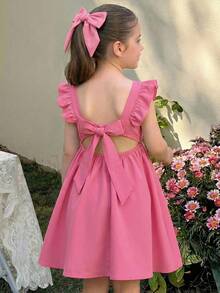 LMoss Kids Young Girl Woven Solid Color Square Collar Ruffle Hem Casual Dress - Hot Pink - View 6