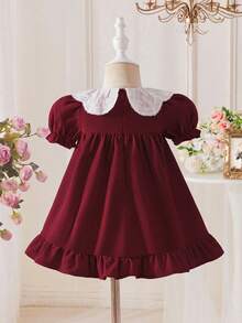 SHEIN LMoss Kids 女婴泡泡袖彼得潘领连衣裙，休闲舒适，可爱 - 酒紅色 - 查看 2