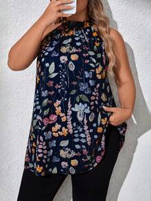 SHEIN CURVE+ Plus Size Women Floral Print Ruching Halter Blousesummer/Country/Beach Vacation Outfits/Beach Outfits/Beach Wear - Navy Blue - View 4